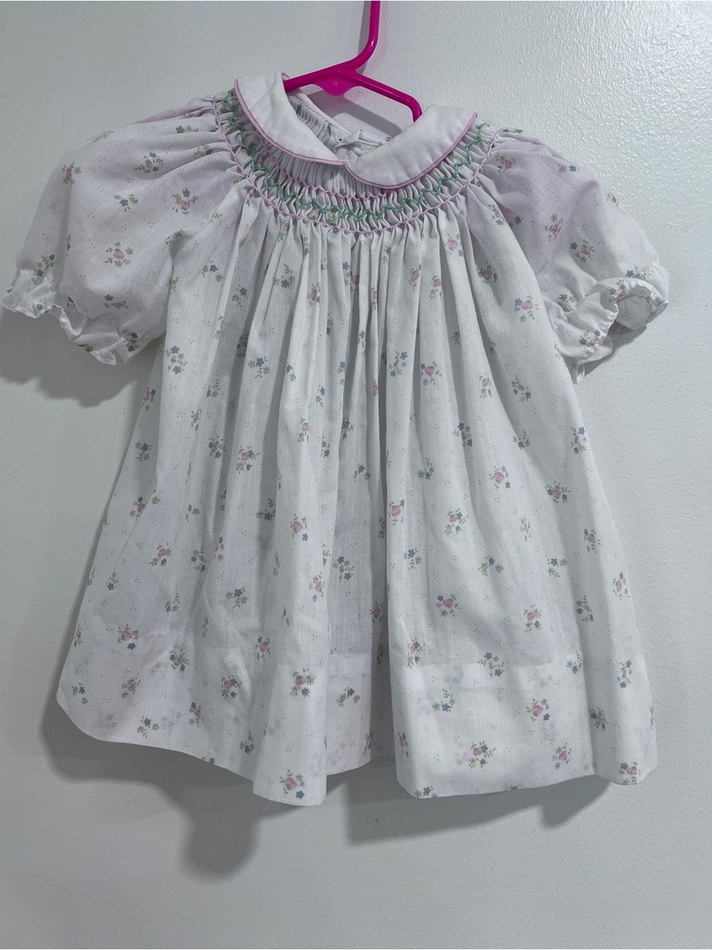 Vintage Smocked White Floral Baby Dress with Pink & Green Trim